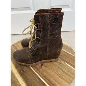 Sorel Womens 8.5 Joan Of Artic Wedge II Boots Shoes Brown Leather Lace Up Bootie